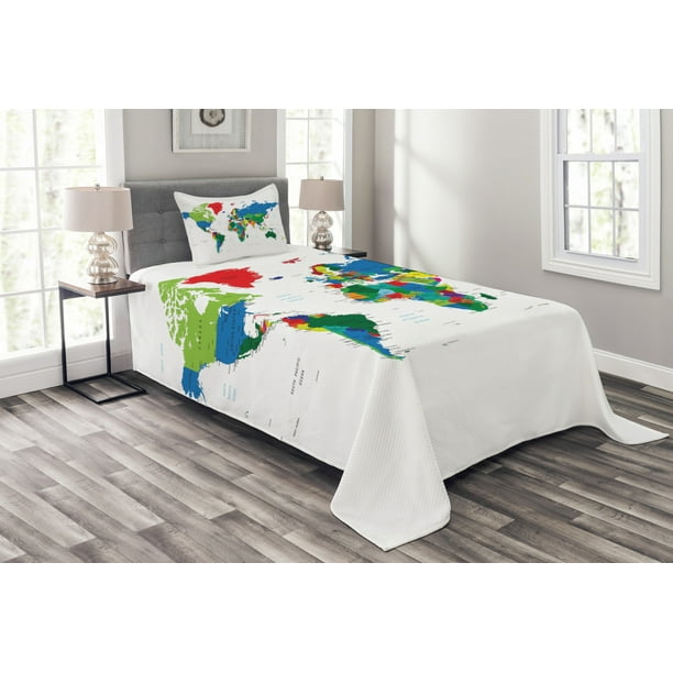 World Map Quilted Bedspread & Pillow Shams Set Colorful Political Print World Map Quilted Bedspread & Pillow Shams Set Colorful Political Print